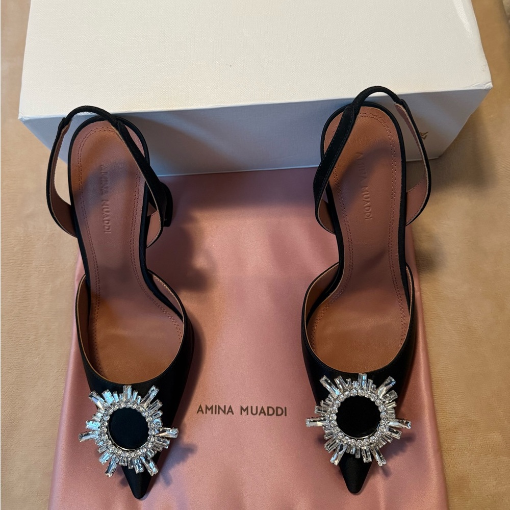 Amina Muaddi Black Heels original  with Silver Embellishments